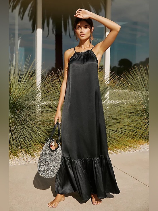 Anthropologie Dresses & Skirts - Anthropologie Minimal Satin Maxi Dress Ruffle Neckline Slip Dress